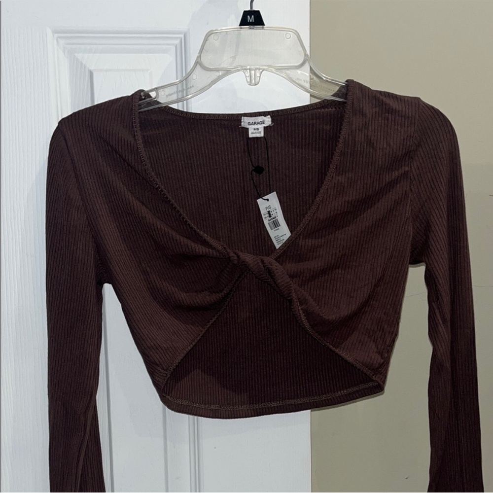 Garage Chocolate Brown Ribbed Twist-Front Long Sleeve Crop Top